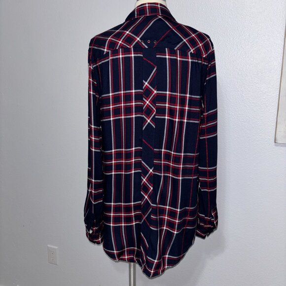 Westbound Plaid Button Front Shirt S Navy Red Rayon Cabincore Fall Top Roll Tab - Picture 3 of 12